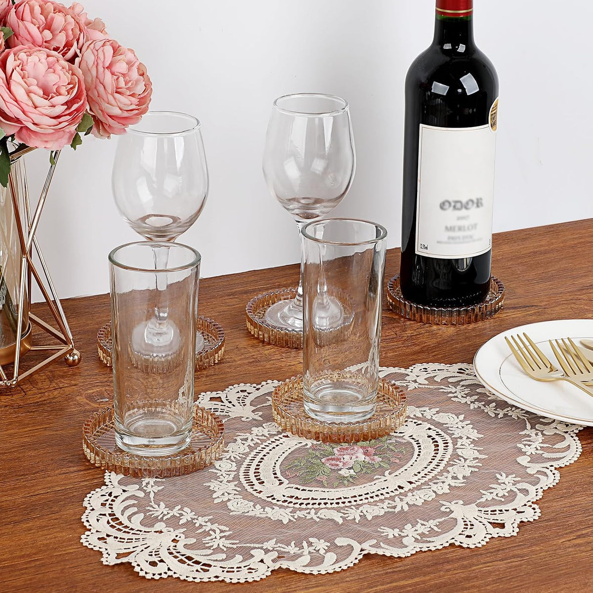 Modern Clear Coasters Set of 5- Glass Cute Coasters for Drinks, Amber