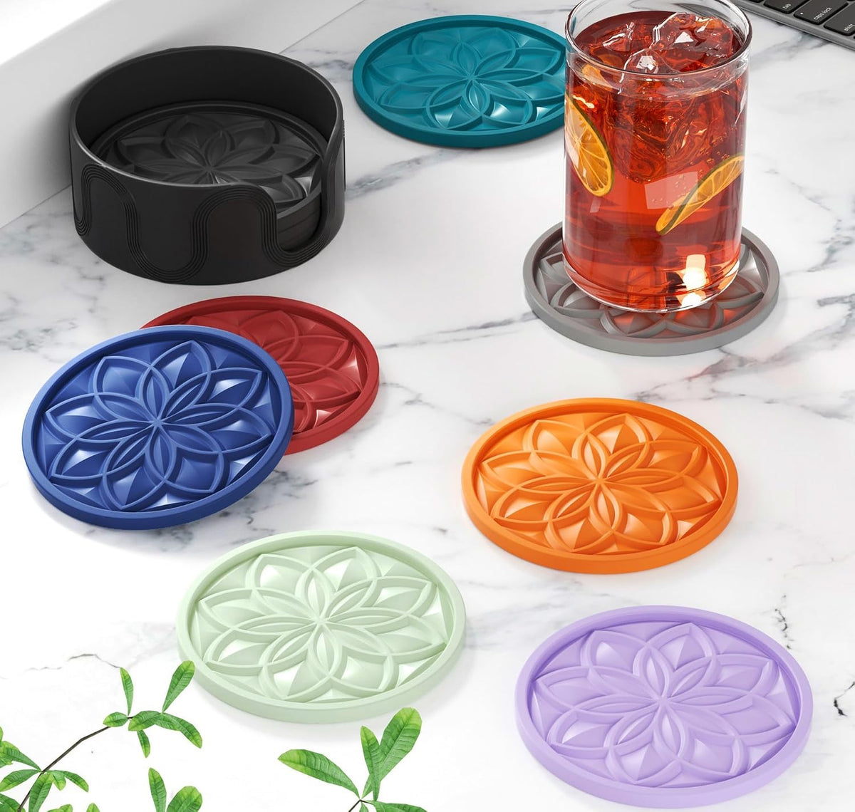 HFHOME Silicone Coasters Set with Holder - 6 Pack Drink Coasters for Coffee Table, Bar, Desk - Tabletop Protection Gift - Black