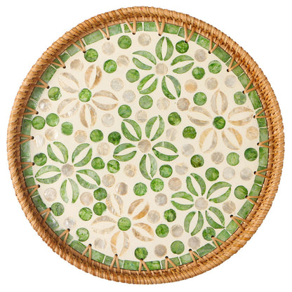 Round Rattan Tray with Mother of Pearl Inlay, Wooden Base