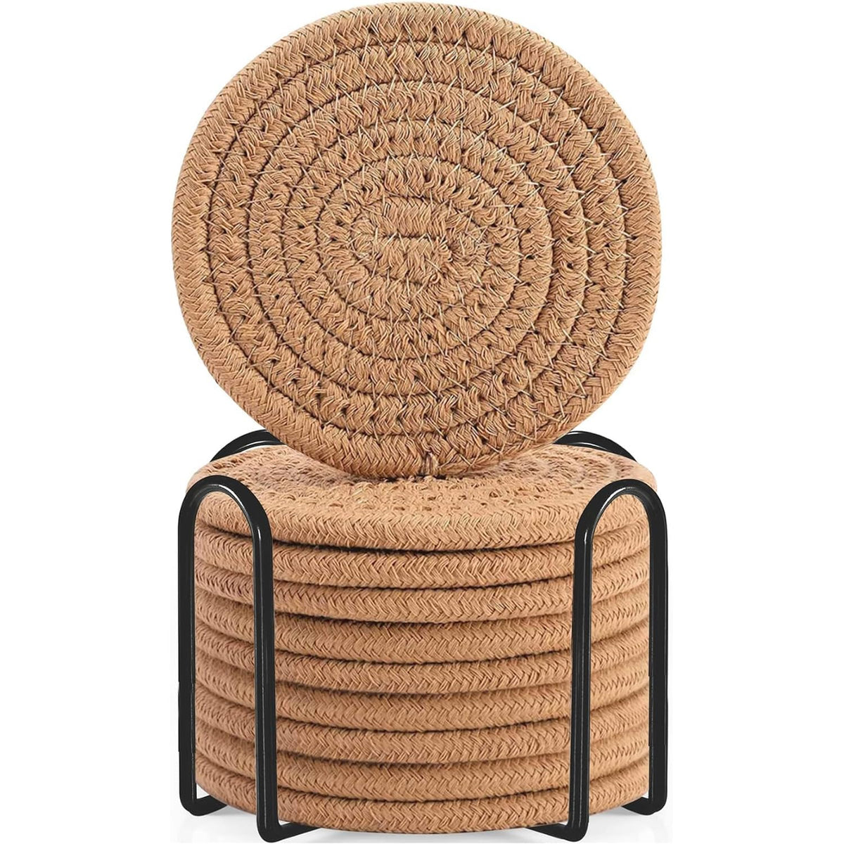 ABenkle 8 Pcs Drink Coasters with Holder, Cotton Woven Absorbent Coasters for Drinks, Minimalist Home Decor Coaster Set for Wooden Tabletop Protection Table, 4.3 inches Mixed Brown