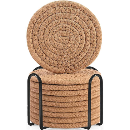 ABenkle 8 Pcs Drink Coasters with Holder, Cotton Woven Absorbent Coasters for Drinks, Minimalist Home Decor Coaster Set for Wooden Tabletop Protection Table, 4.3 inches Mixed Brown
