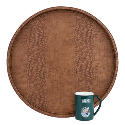 HofferRuffer Faux Leather Round Serving Tray, Vegan Croco Leather Decorative Tray, Food Tray for Storage Drinks, Snack & Cosmetics, Dia.12'' x 1.6'' (LightBlue)