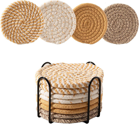 Drink Coasters Set of 8 with Holder, Cotton Woven