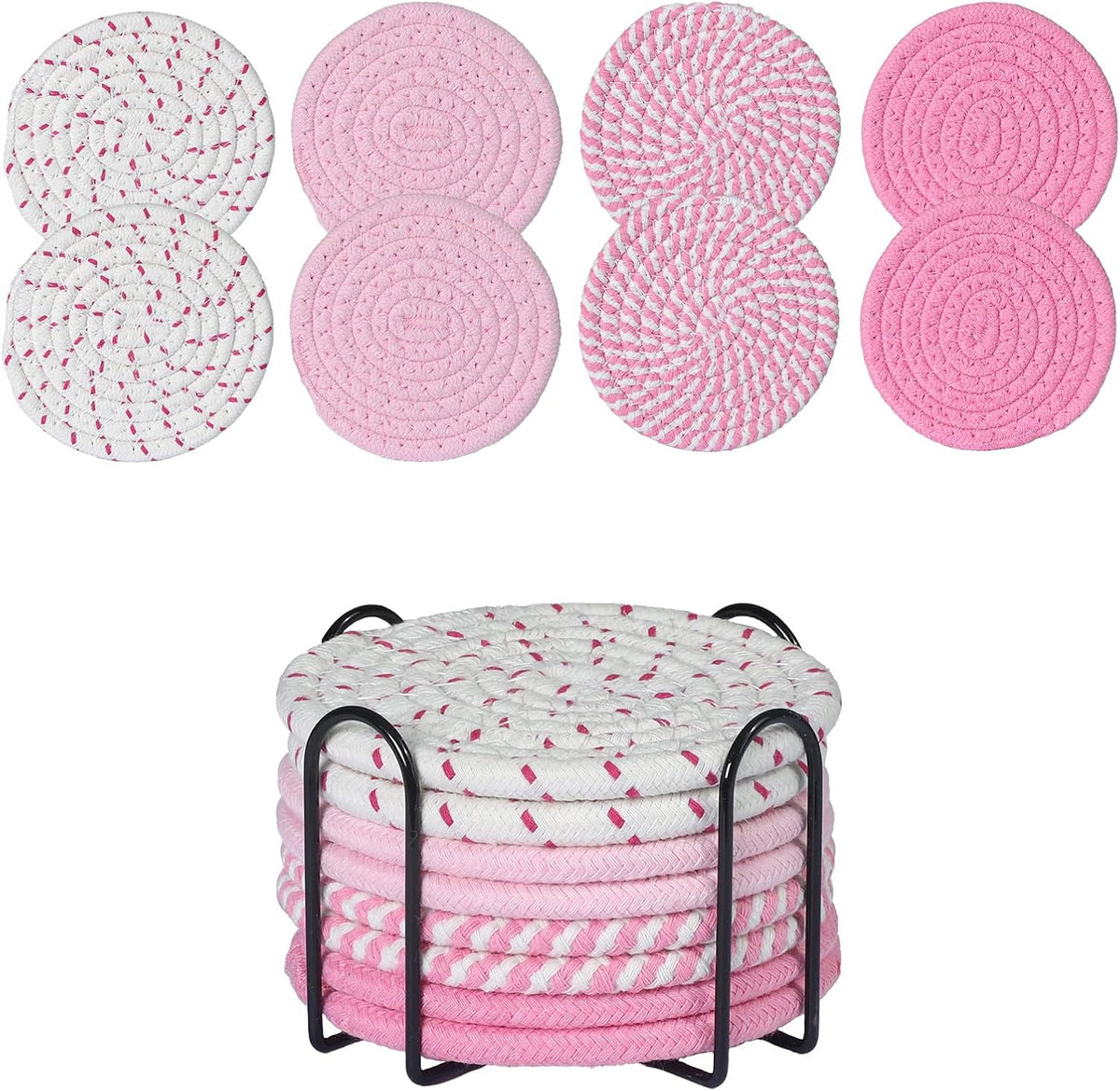 Drink Coasters Set of 8 with Holder, Cotton Woven,Pink