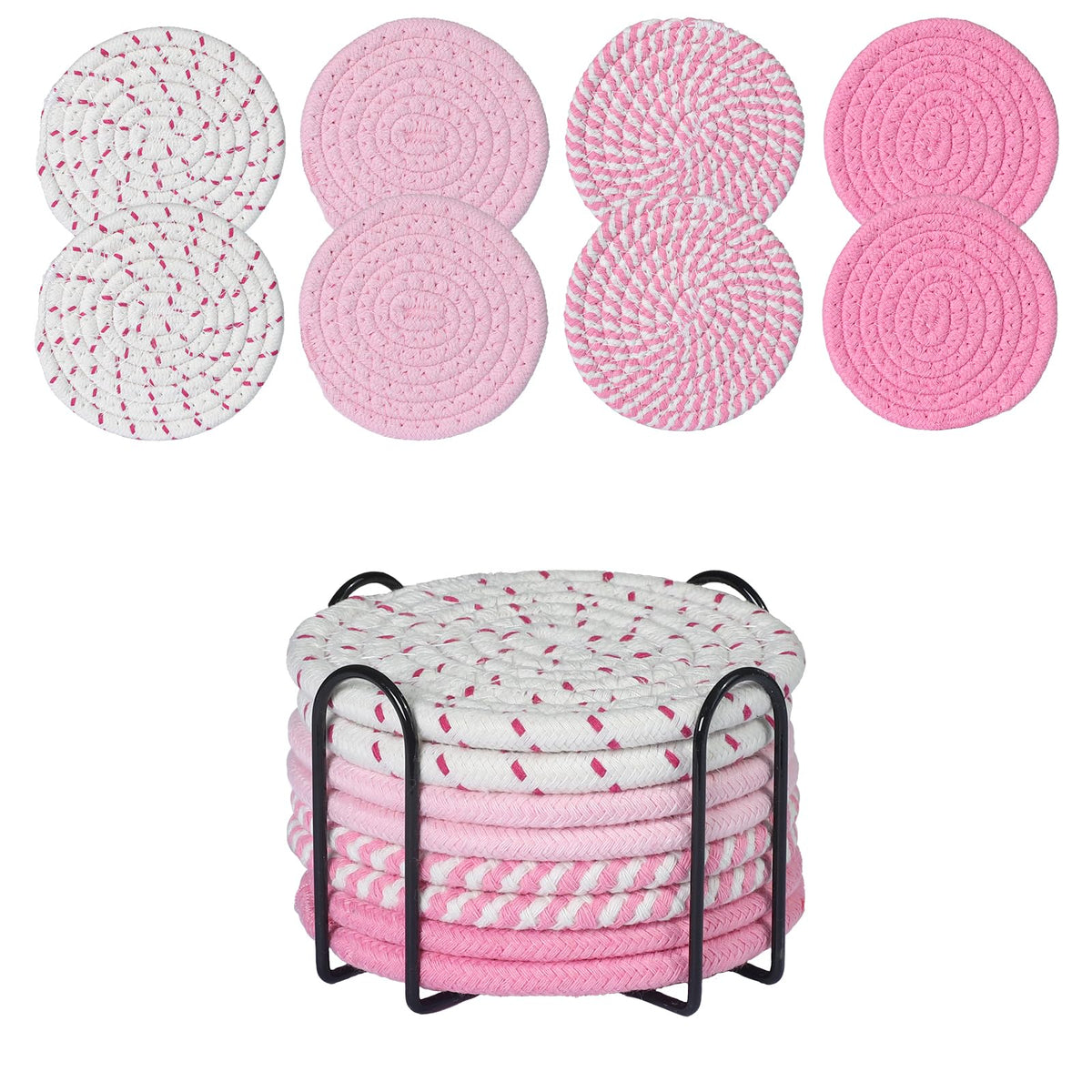Drink Coasters Set of 8 with Holder, Cotton Woven,Pink