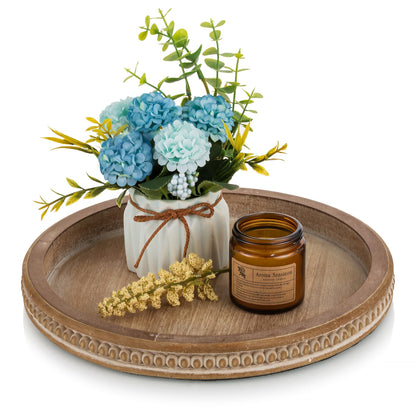 Hanobe Decorative Tray for Coffee Table: 11.8" Round Whitewashed Wood Tray for Rustic Farmhouse Living Room Kitchen Island Entryway Home Decor