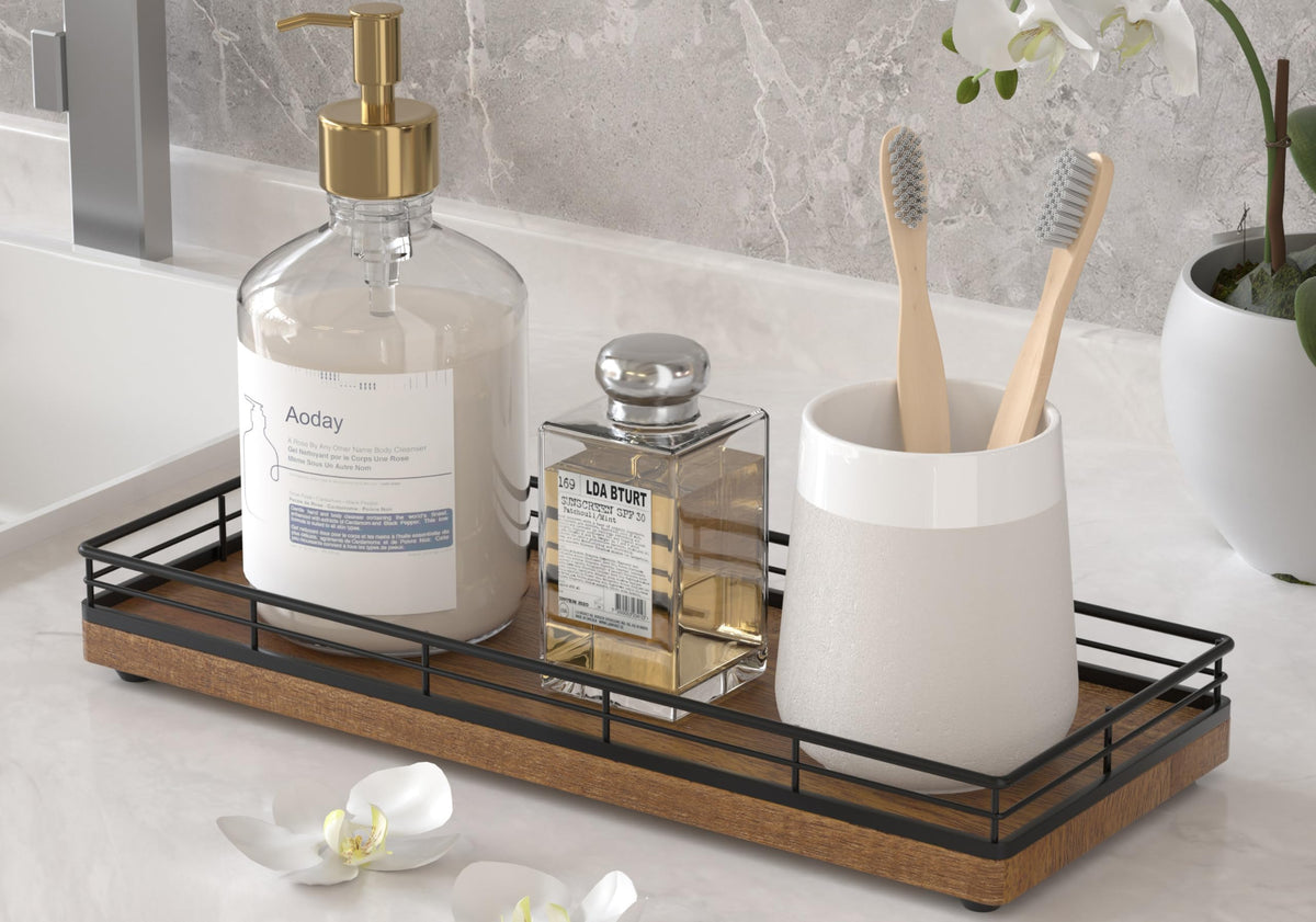 Bathroom Tray for Counter, Oak Wood 11" L Small Vanity Tray for Dresser Tops Perfume Jewelry Makeup Candle Soap Sponge Holder for Kitchen Countertop Organizer Coffee Table Decor Bar Black