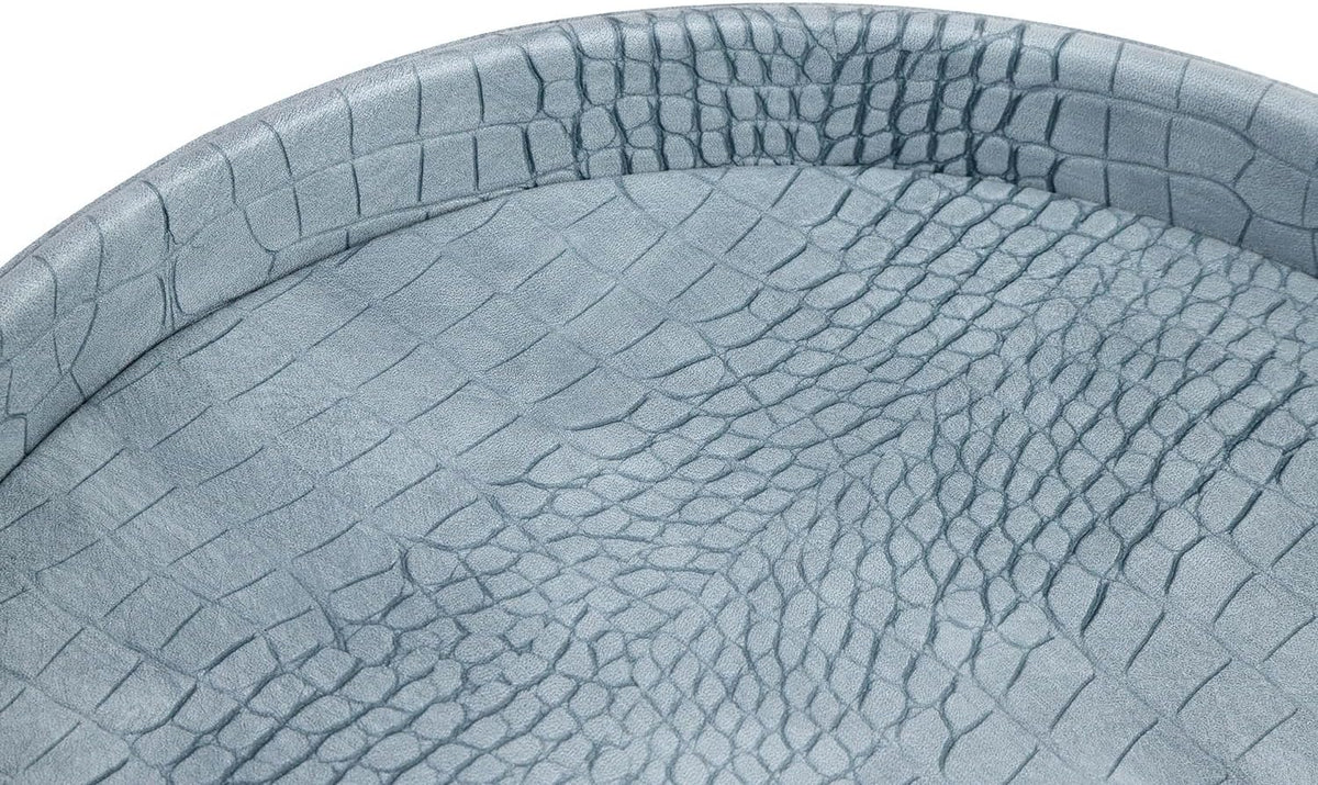 HofferRuffer Faux Leather Round Serving Tray, Vegan Croco Leather Decorative Tray, Food Tray for Storage Drinks, Snack & Cosmetics, Dia.12'' x 1.6'' (LightBlue)
