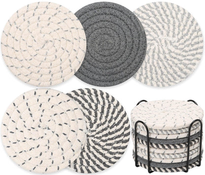 Billbotk 10 Pieces Coasters for Drinks, Absorbent Drink Coasters with Holder, Coffee Table Coaster Set for Home Decor, Apartment Decor Aesthetic, Living Room Essentials, 4.3 Inches