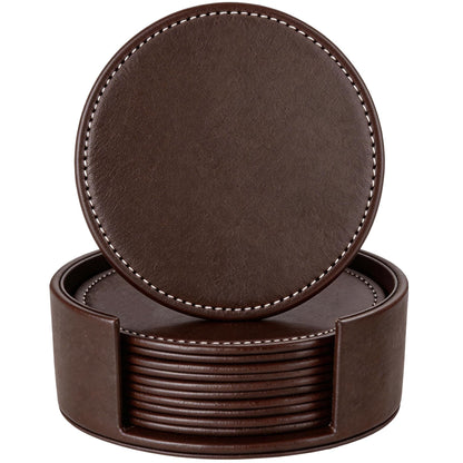 Set of 6 Round Leather Bar Coasters for Drinks with Holder (Black)