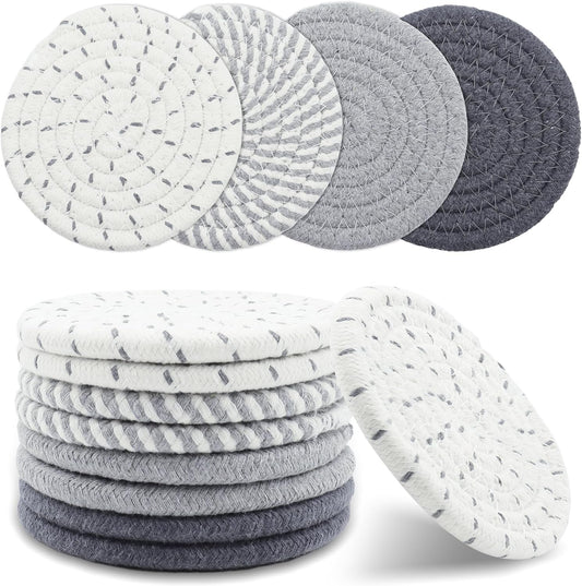 8 Pcs Drink Coasters, Minimalist Cotton Woven Coaster Set, 4 Colors Absorbent Coaster Protection Protection for Various Cups, Ideal for Coffee Tables and Home Decor Tabletop, 4.3 Inches