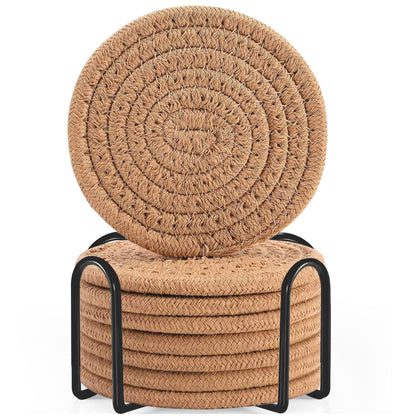 ABenkle 8 Pcs Drink Coasters with Holder, Cotton Woven Absorbent Coasters for Drinks, Minimalist Home Decor Coaster Set for Wooden Tabletop Protection Table, 4.3 inches Mixed Brown