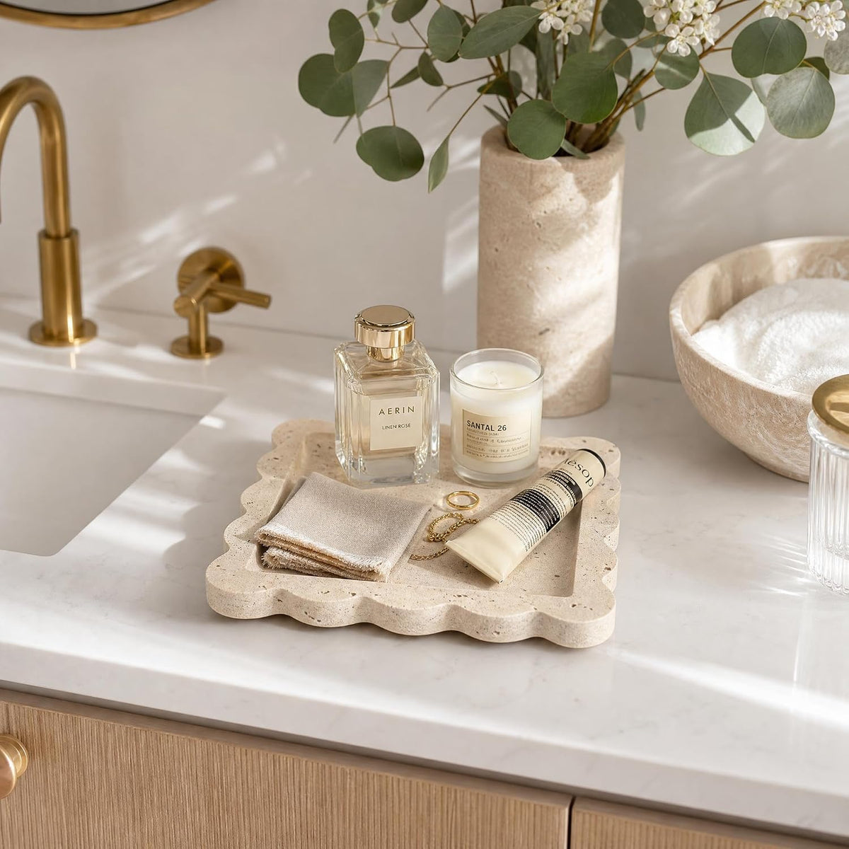 Decorative Scalloped Tray - Travertine Stone Inspired Jewelry Tray