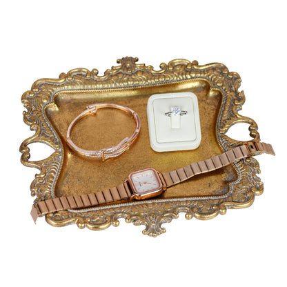 Funly mee Small Antique Trinket Dish Vintage Gold Metal Jewelry Tray, Ring Holder-5.3 x 3.5 x 1.2 inches