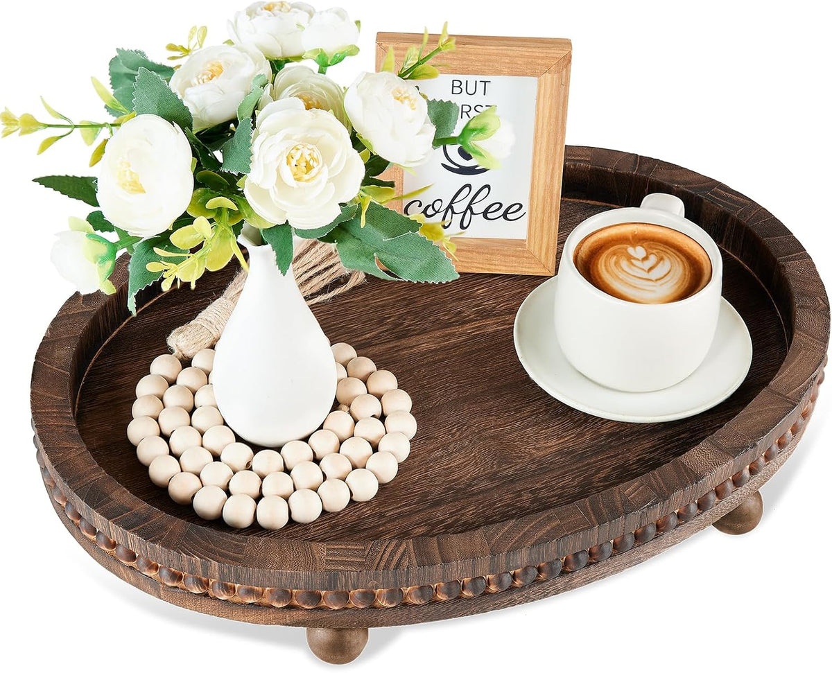 HouseJoy Decorative Tray for Coffee Table, 16×11.8in Wood Beaded Decor Tray