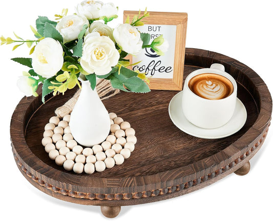 HouseJoy Decorative Tray for Coffee Table, 16×11.8in Wood Beaded Decor Tray