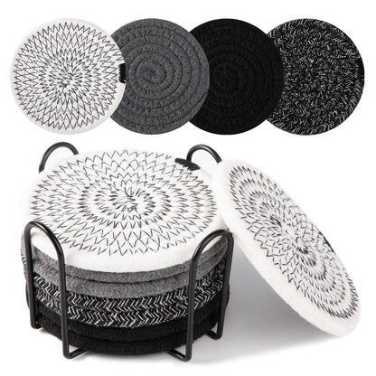 OIAHOMY 8 Pcs Coasters with Holder for Beer, Coffee, Woven Cotton Coaster Set for Table Decor for Kitchen, Bar, Dining Room, Living Room, Housewarming Gifts - Yellow