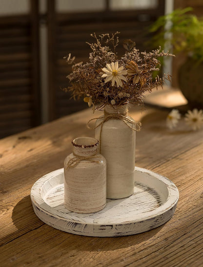 Hanobe Round Wood Candle Holder Trays for Coffee Table, Rustic White Finish