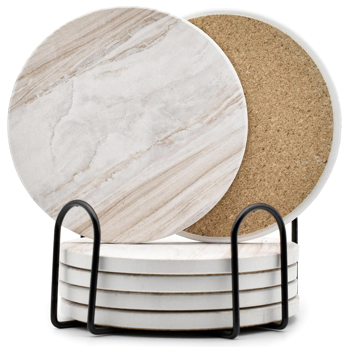 6Pcs Absorbent Coasters Set with Holder,Ceramic Drink Coaster,4 in（A1）