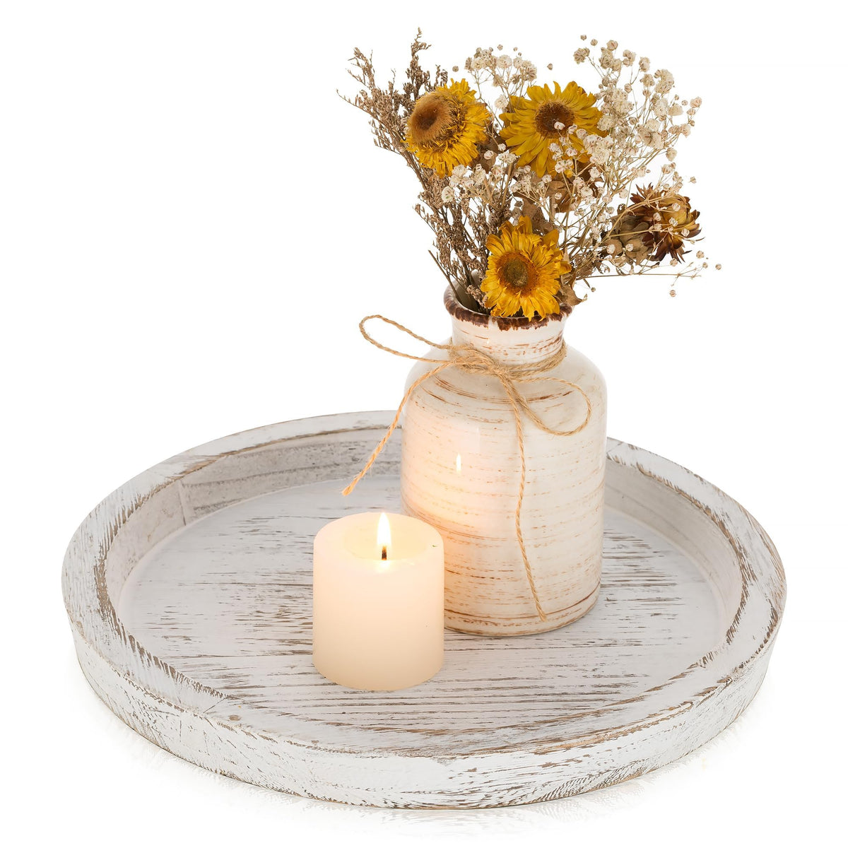 Romadedi Rustic Wooden Tray Candle Holder, Round, Distressed White