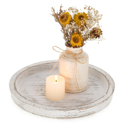 Romadedi Rustic Wooden Tray Candle Holder, Round, Distressed White