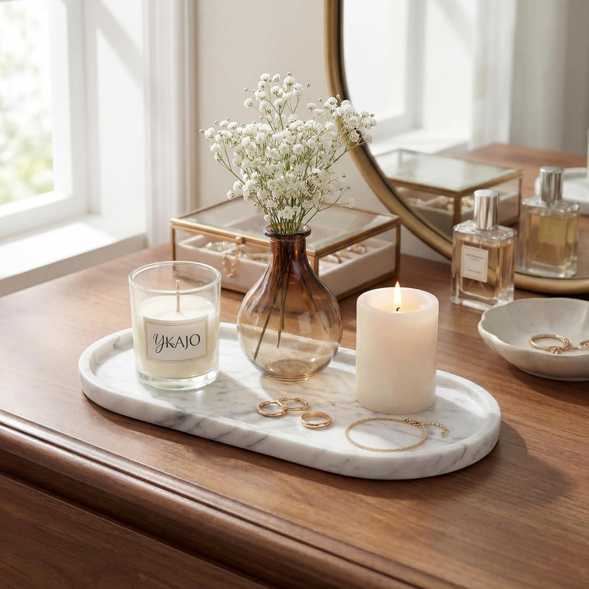 YKAJO Carrara White Gray Oval Marble Tray, 11.8x5.9 Perfume Organizer Dish