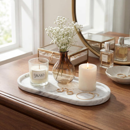 YKAJO Carrara White Gray Oval Marble Tray, 11.8x5.9 Perfume Organizer Dish