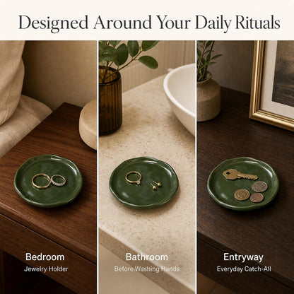 Jewelry Dish, Vintage Green Ceramic Round Shallow Ring Tray