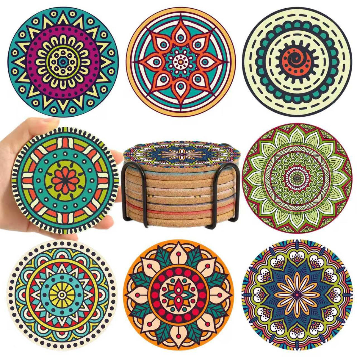 Cork Coasters Set of 8,Colorful Drink Coaster with Holder,4 Inch