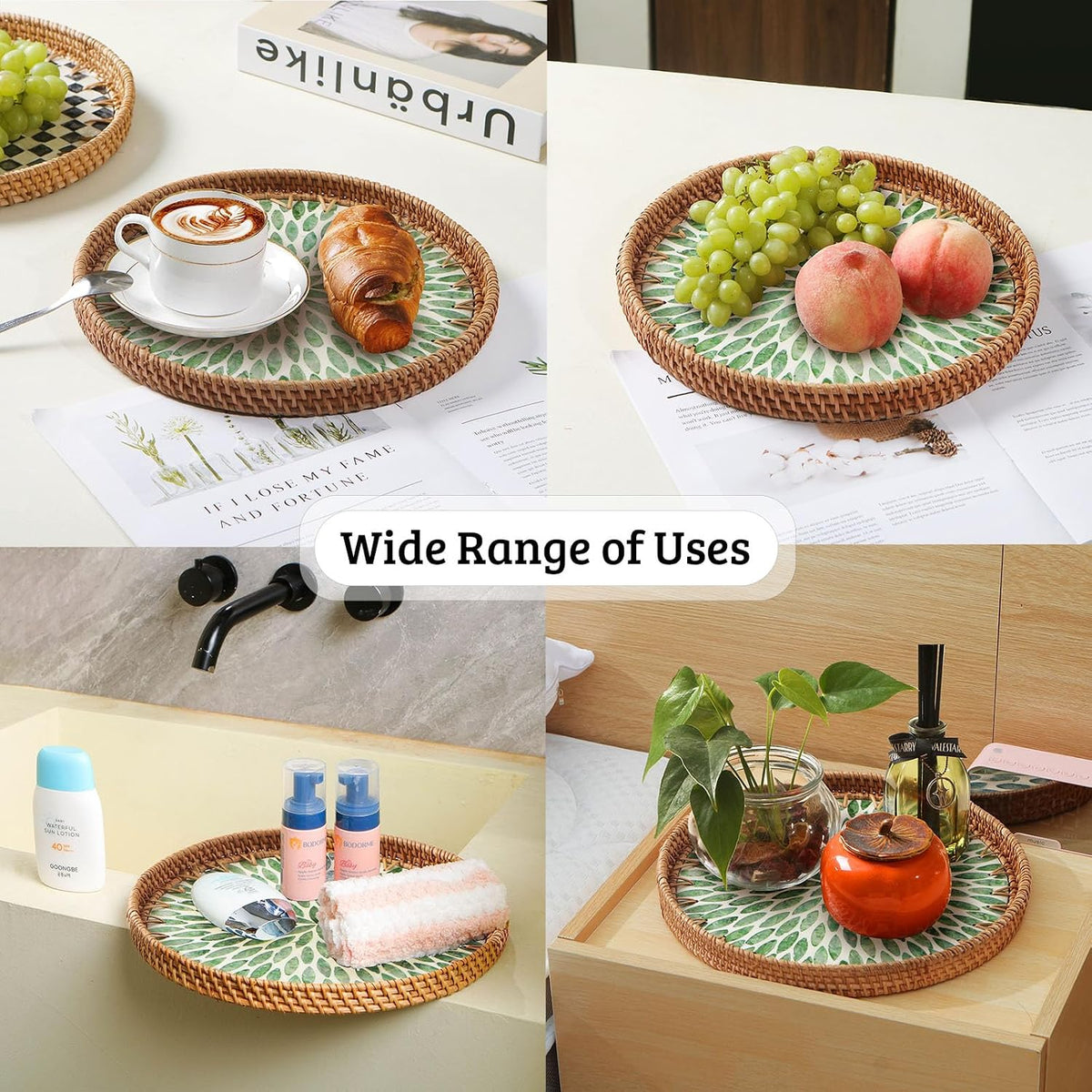 Round Rattan Tray with Mother of Pearl Inlay, Wooden Base