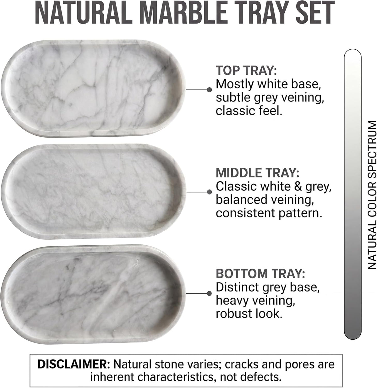 YKAJO Carrara White Gray Oval Marble Tray, 11.8x5.9 Perfume Organizer Dish