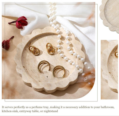 Threehoney 5.5 Inch Small Travertine Stone Tray, Round,Scallop