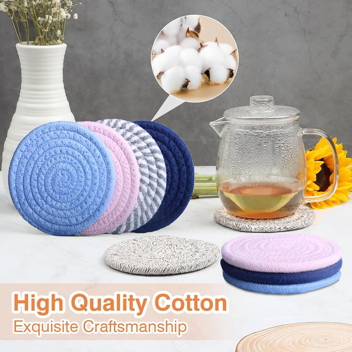 4.8" Drink Cotton Coasters Set of 2 - Large Absorbent Fabric Drink Pads for Coffee Mugs, Stylish Boho Cup Mats for Desk, Bedside Table, Plant Pots – Durable Minimalist Home Decor (Rich Blue, 2pack)