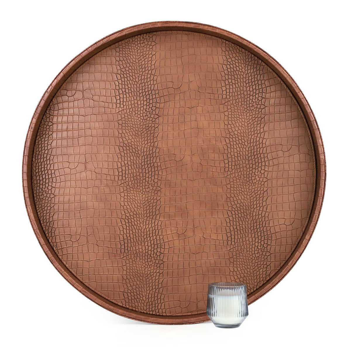 HofferRuffer Faux Leather Round Serving Tray, Vegan Croco Leather Decorative Tray, Food Tray for Storage Drinks, Snack & Cosmetics, Dia.12'' x 1.6'' (LightBlue)
