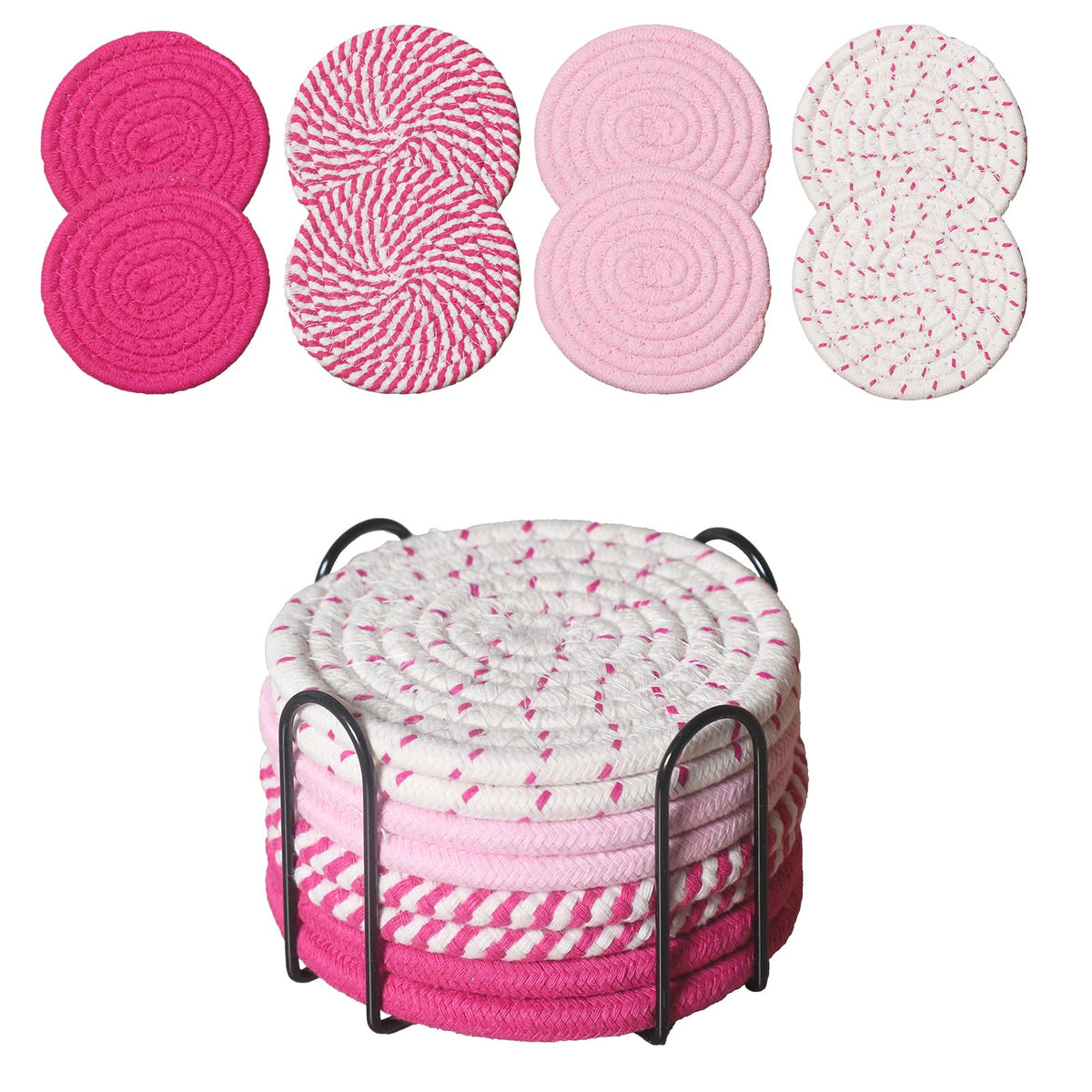 Drink Coasters Set of 8 with Holder, Cotton Woven,Pink