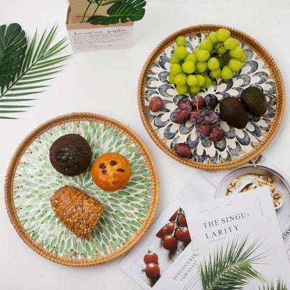 Round Rattan Tray with Mother of Pearl Inlay, Wooden Base