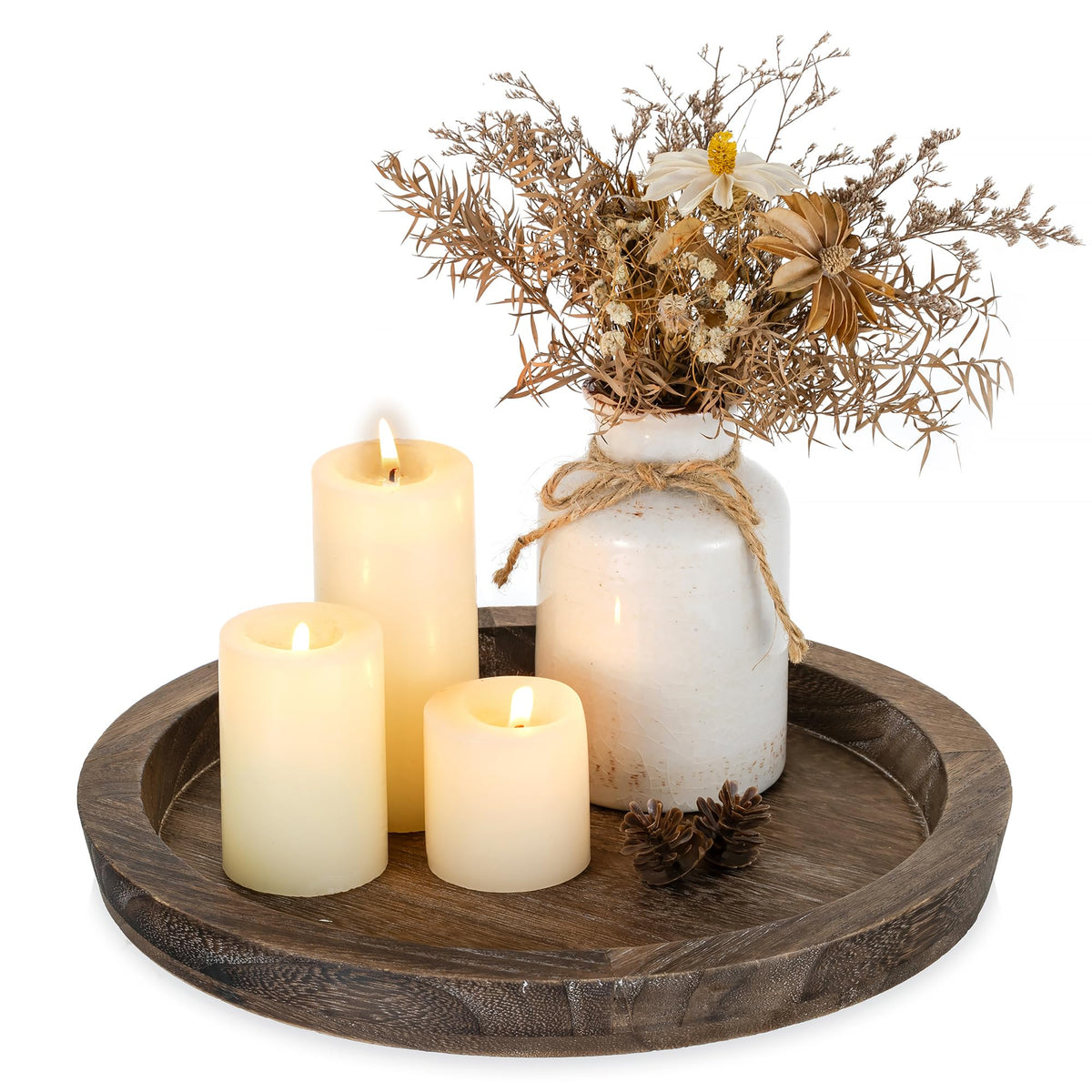 Romadedi Rustic Wooden Tray Candle Holder, Round, Distressed White