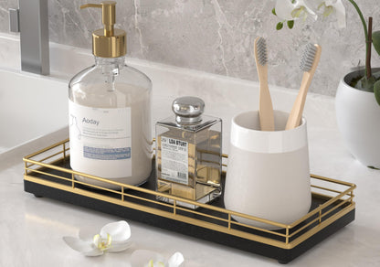 Bathroom Tray for Counter, Oak Wood 11" L Small Vanity Tray for Dresser Tops Perfume Jewelry Makeup Candle Soap Sponge Holder for Kitchen Countertop Organizer Coffee Table Decor Bar Black