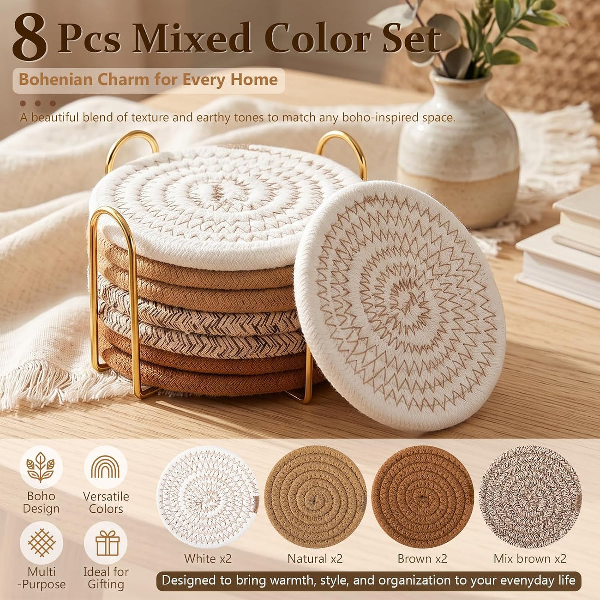 OIAHOMY 8 Pcs Coasters with Holder for Beer, Coffee, Woven Cotton Coaster Set for Table Decor for Kitchen, Bar, Dining Room, Living Room, Housewarming Gifts - Yellow