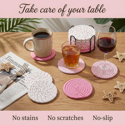 Drink Coasters Set of 8 with Holder, Cotton Woven,Pink