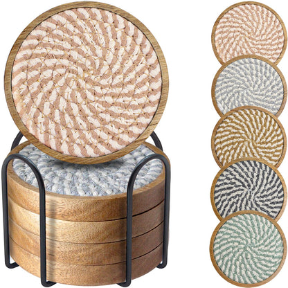 Wood Coasters for Drinks, Eykao Absorbent Coaster Sets of 5, Woven Drink Coasters for Coffee Table, Housewarming Gift for Farmhouse Home Decor,4 inches