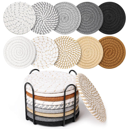 Billbotk 10 Pieces Coasters for Drinks, Absorbent Drink Coasters with Holder, Coffee Table Coaster Set for Home Decor, Apartment Decor Aesthetic, Living Room Essentials, 4.3 Inches