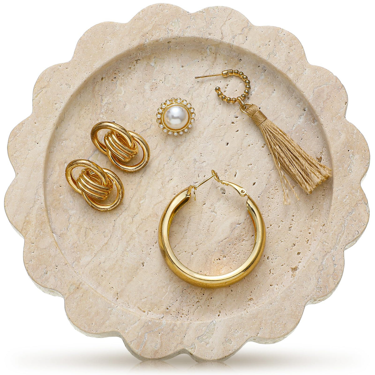 Threehoney 5.5 Inch Small Travertine Stone Tray, Round,Scallop