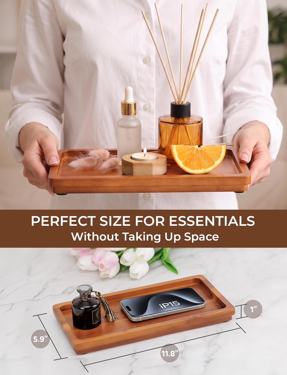 Demigo Bathroom Vanity Tray, Natural Acacia Organizer Tray, 11.8 x 5.9 in