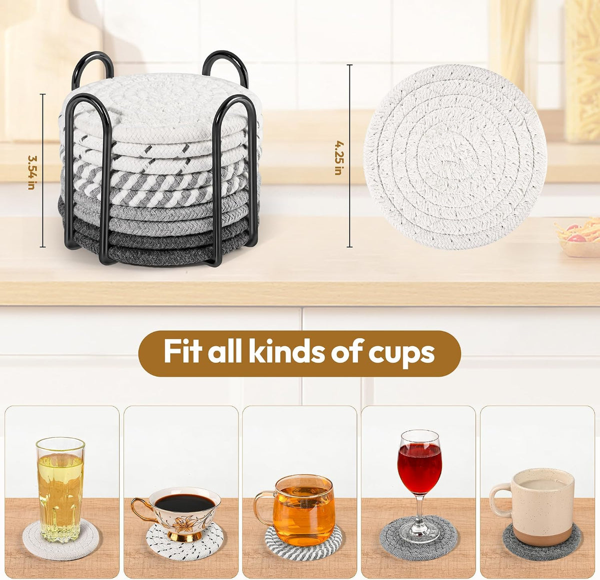 10-Pack Cotton Linen Coasters with Holder、Absorbent for Kitchen Dining Bar