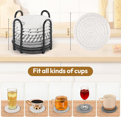 10-Pack Cotton Linen Coasters with Holder、Absorbent for Kitchen Dining Bar
