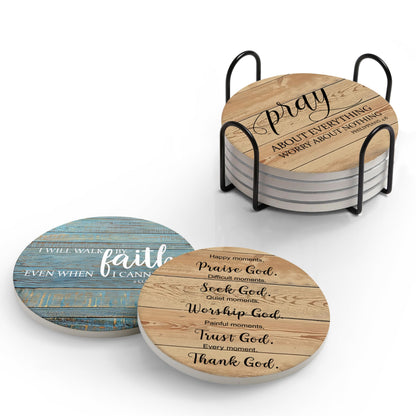 Coasters for Drinks with Bible Verses, Set of 6 Absorbent Drinks Coasters with Holder Ceramic Drink Coaster with Cork Backing for Table Protection, Christian Coasters, Christian Gifts