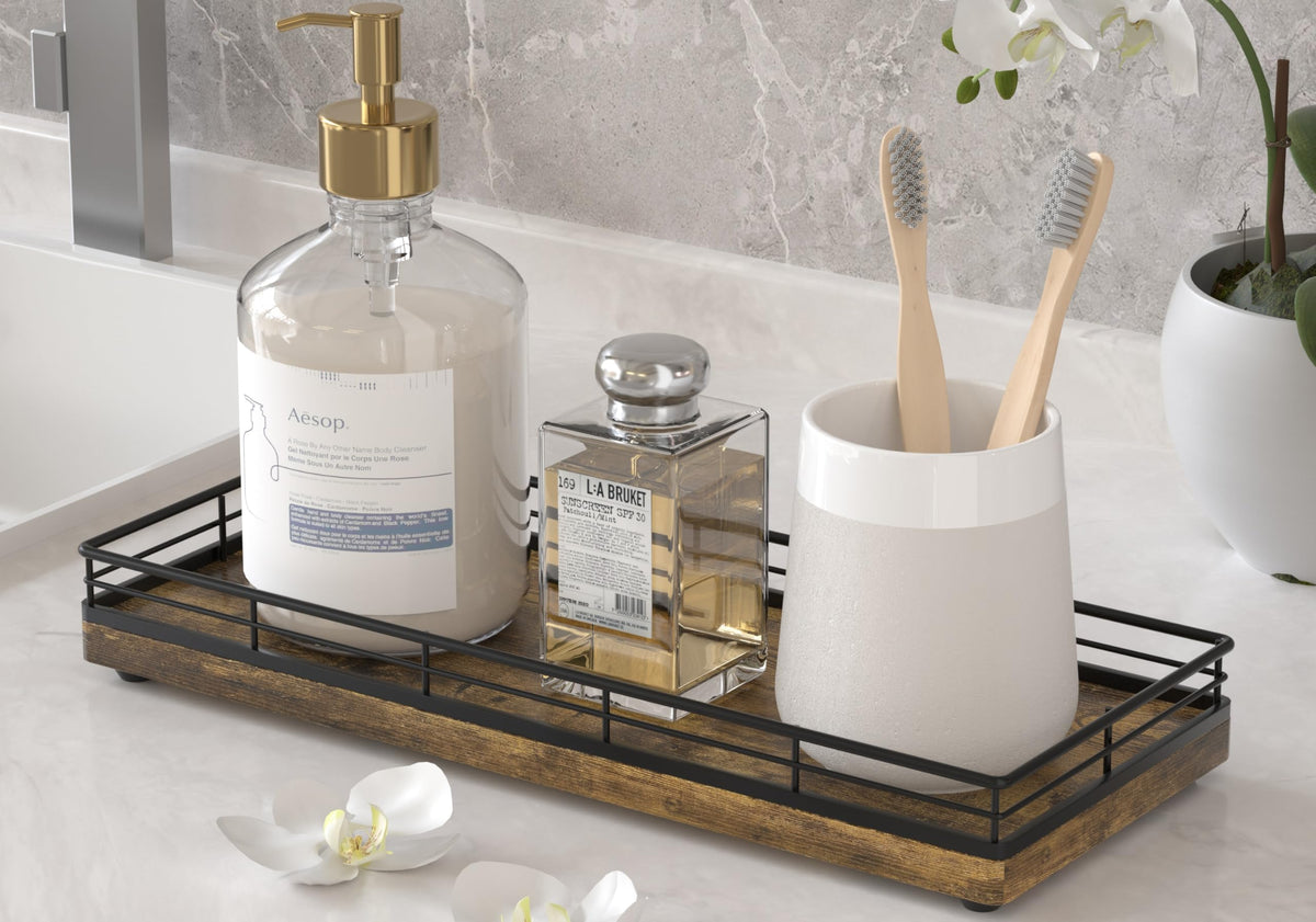 Bathroom Tray for Counter, Oak Wood 11" L Small Vanity Tray for Dresser Tops Perfume Jewelry Makeup Candle Soap Sponge Holder for Kitchen Countertop Organizer Coffee Table Decor Bar Black