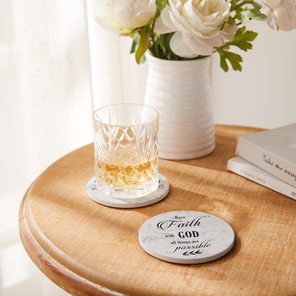 Coasters for Drinks with Bible Verses, Set of 6 Absorbent Drinks Coasters with Holder Ceramic Drink Coaster with Cork Backing for Table Protection, Christian Coasters, Christian Gifts