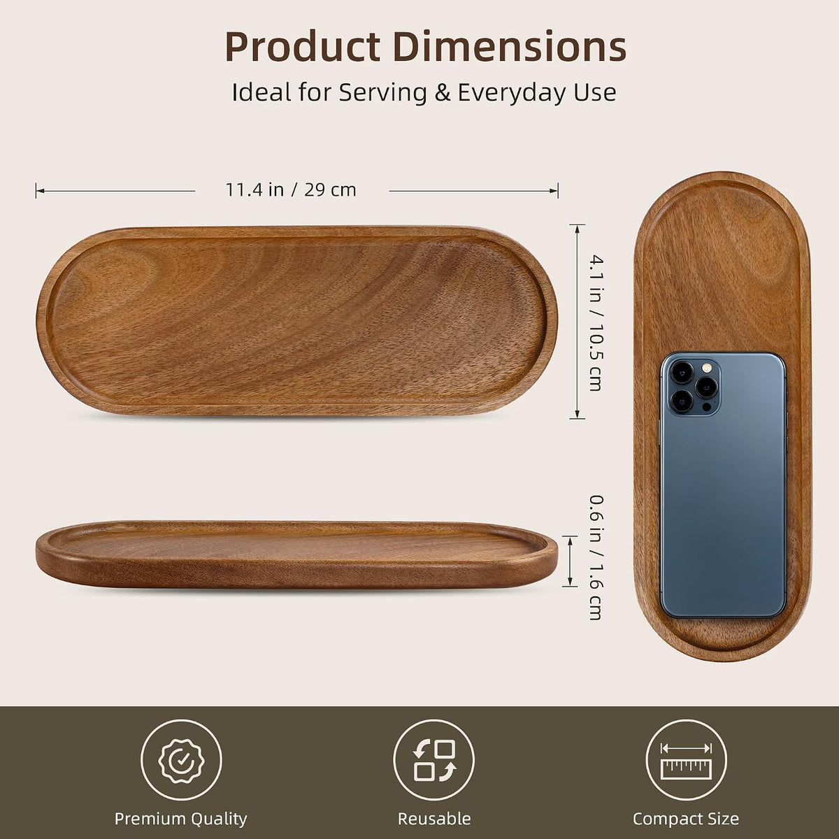 Small Acacia Wood Serving Tray, Wooden Decorative Tray for Coffee Table, Kitchen, Bathroom Counter - Wood Platter for Candles, Perfume, Snacks (11.4 x 4.1 x 0.6 in)